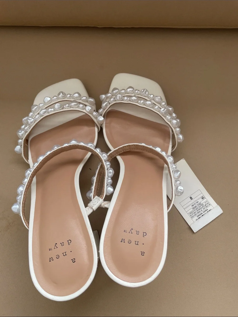 a new day Pearl-Embellished Cream Strappy Mules